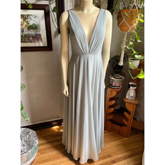 Jenny Yoo Green Chiffon Deep V Illusion Dress - Picture 1 of 5
